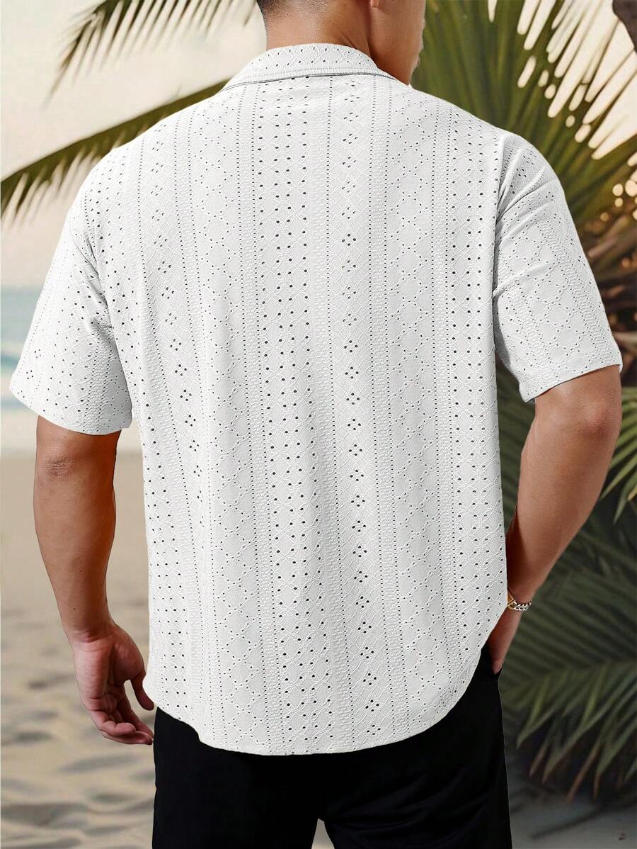 Mens Short Sleeve Crochet Shirt Jacquard Stripe Loose Fit – Darco