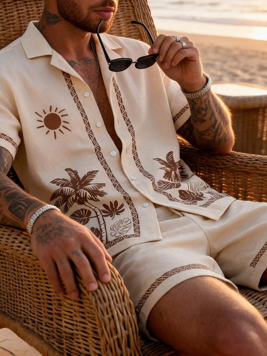 Graphic print short sleeve shirt and shorts 2-piece set in apricot – TARLANO