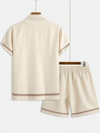 Model wearing graphic matched shirt and shorts set in apricot – TARLANO