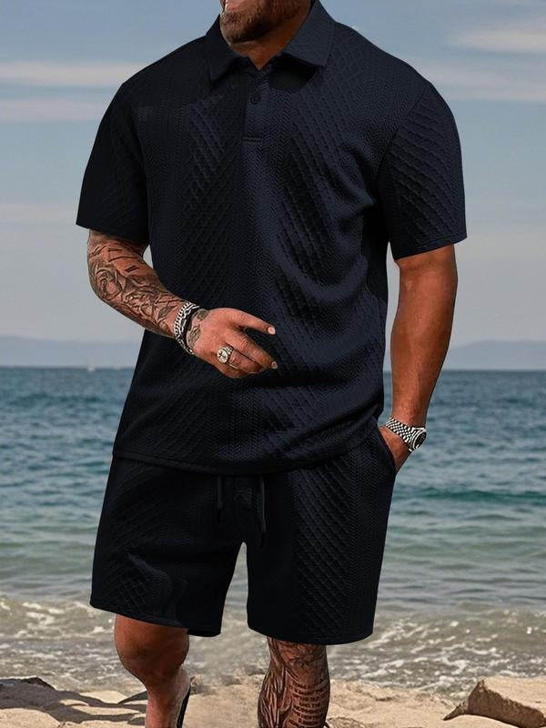 Mens Short Sleeve Knit Polo Set Geometric Pattern Drawstring Shorts – Ronco