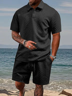 Mens Short Sleeve Knit Polo Set Geometric Pattern Drawstring Shorts – Ronco