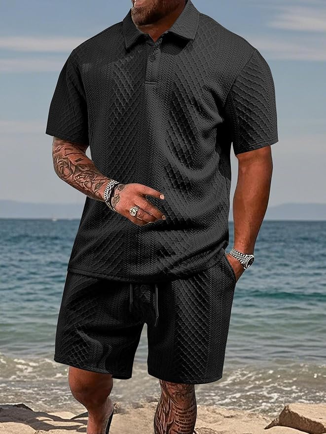 Mens Short Sleeve Knit Polo Set Geometric Pattern Drawstring Shorts – Ronco