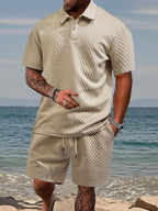 Mens Short Sleeve Knit Polo Set Geometric Pattern Drawstring Shorts – Ronco