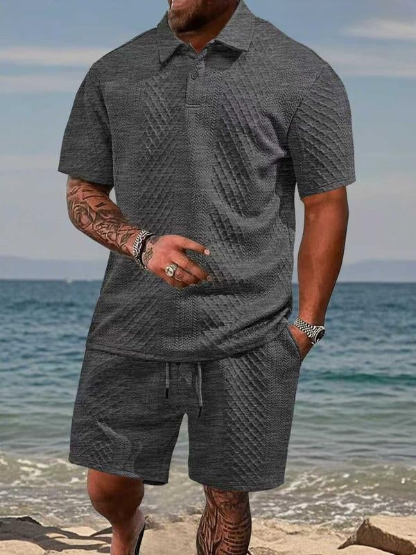 Mens Short Sleeve Knit Polo Set Geometric Pattern Drawstring Shorts – Ronco