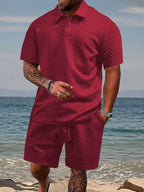 Mens Short Sleeve Knit Polo Set Geometric Pattern Drawstring Shorts – Ronco