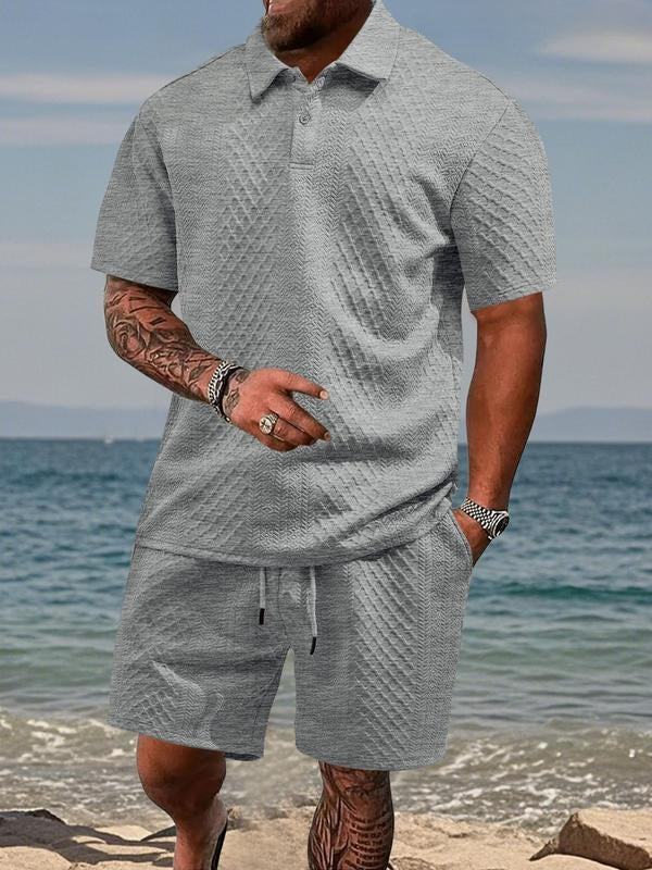 Mens Short Sleeve Knit Polo Set Geometric Pattern Drawstring Shorts – Ronco