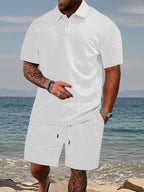 Model wearing knit polo set in white – TARLANO