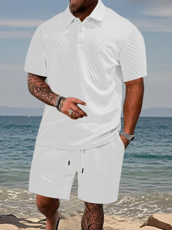 Model wearing knit polo set in white – TARLANO