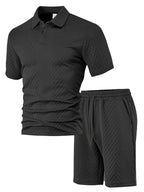 Mens Short Sleeve Knit Polo Set Geometric Pattern Drawstring Shorts – Ronco