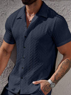 Mens Short Sleeve Shirt Solid Color Single-Breasted Casual – Vanto