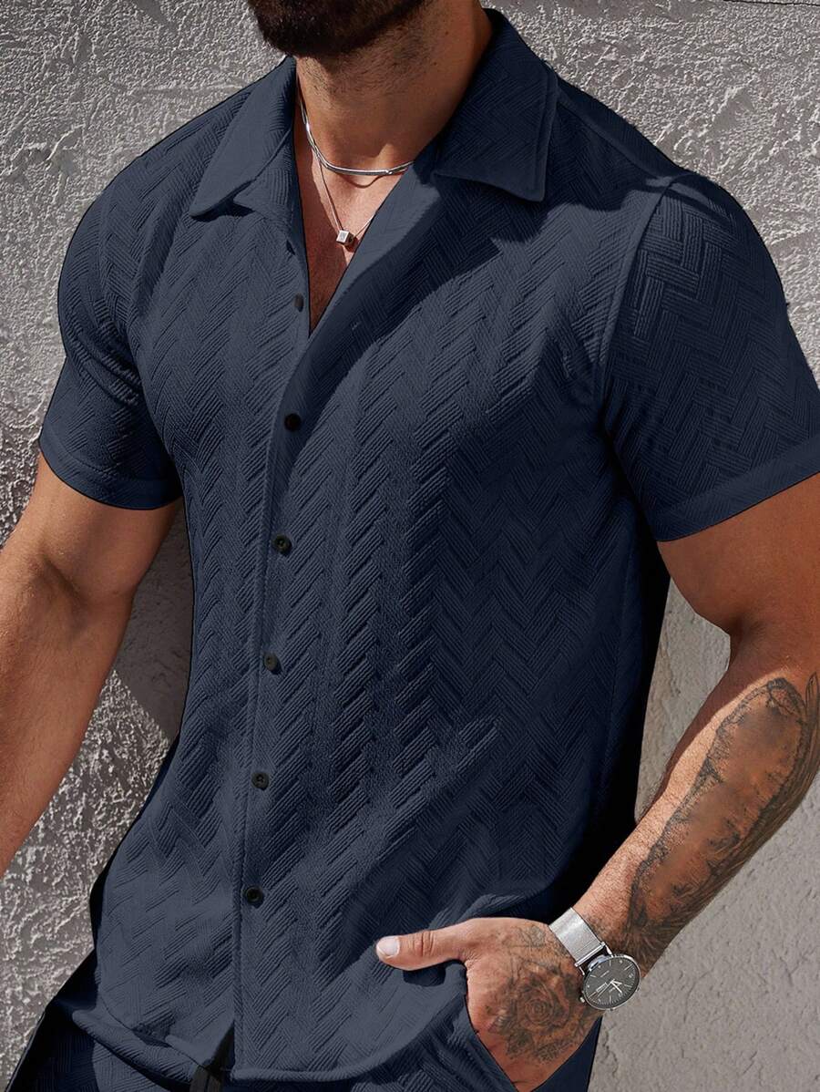 Mens Short Sleeve Shirt Solid Color Single-Breasted Casual – Vanto