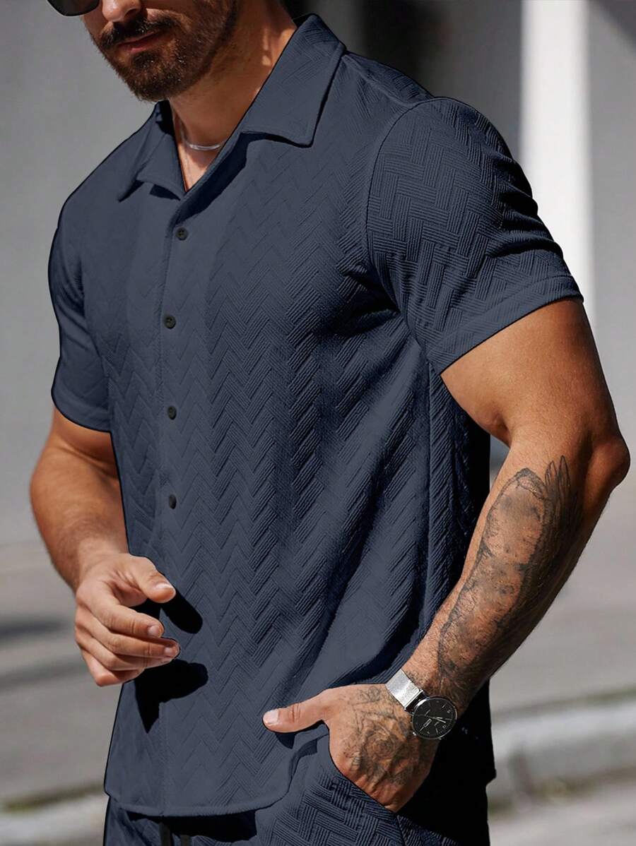 Mens Short Sleeve Shirt Solid Color Single-Breasted Casual – Vanto