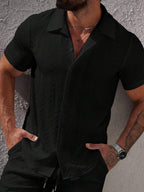 Mens Short Sleeve Shirt Solid Color Single-Breasted Casual – Vanto