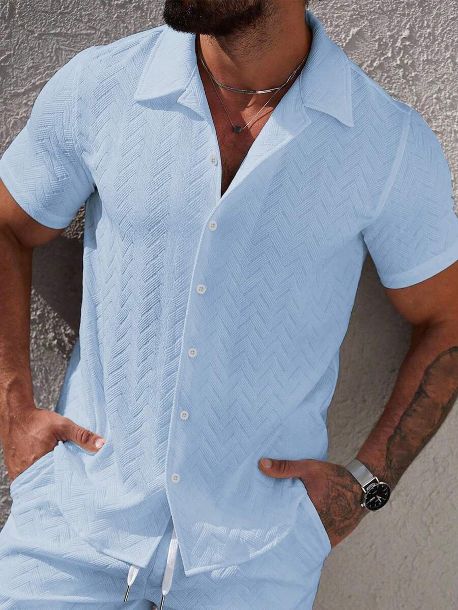 Mens Short Sleeve Shirt Solid Color Single-Breasted Casual – Vanto