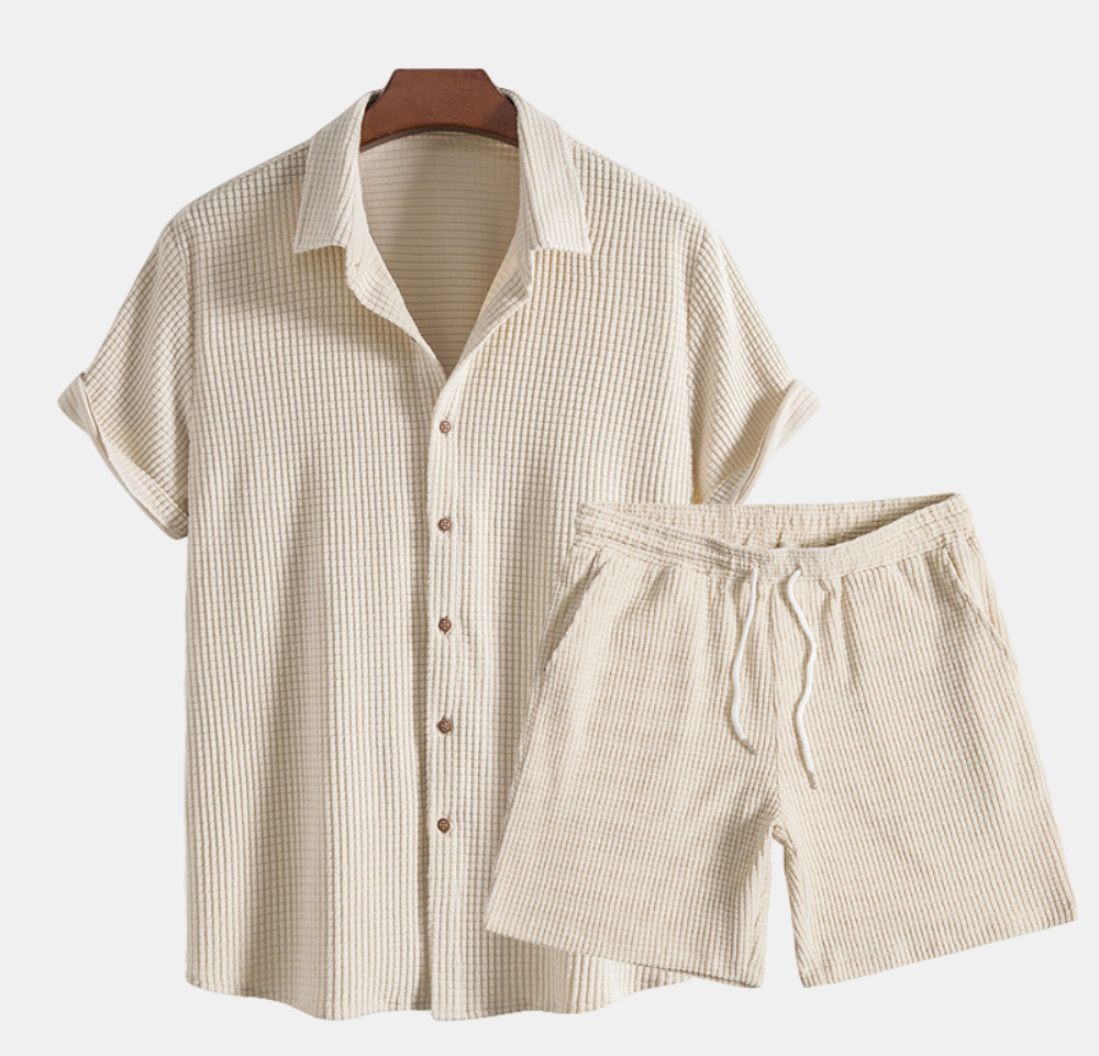 Mens Short Sleeve Waffle Knit Lounge Set Button Shirt Drawstring Shorts – Fandro