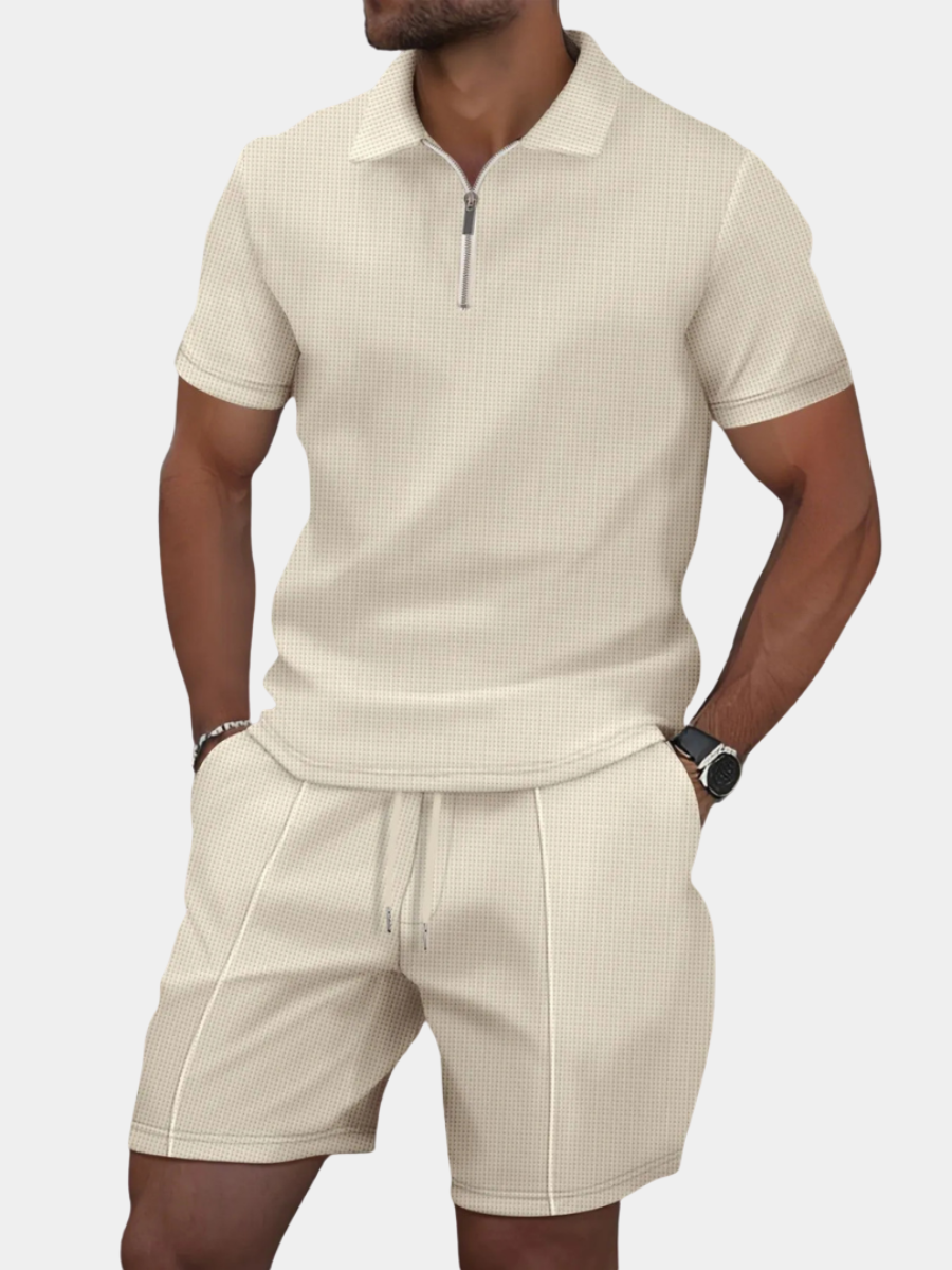 Waffle knit polo and shorts set in beige – TARLANO