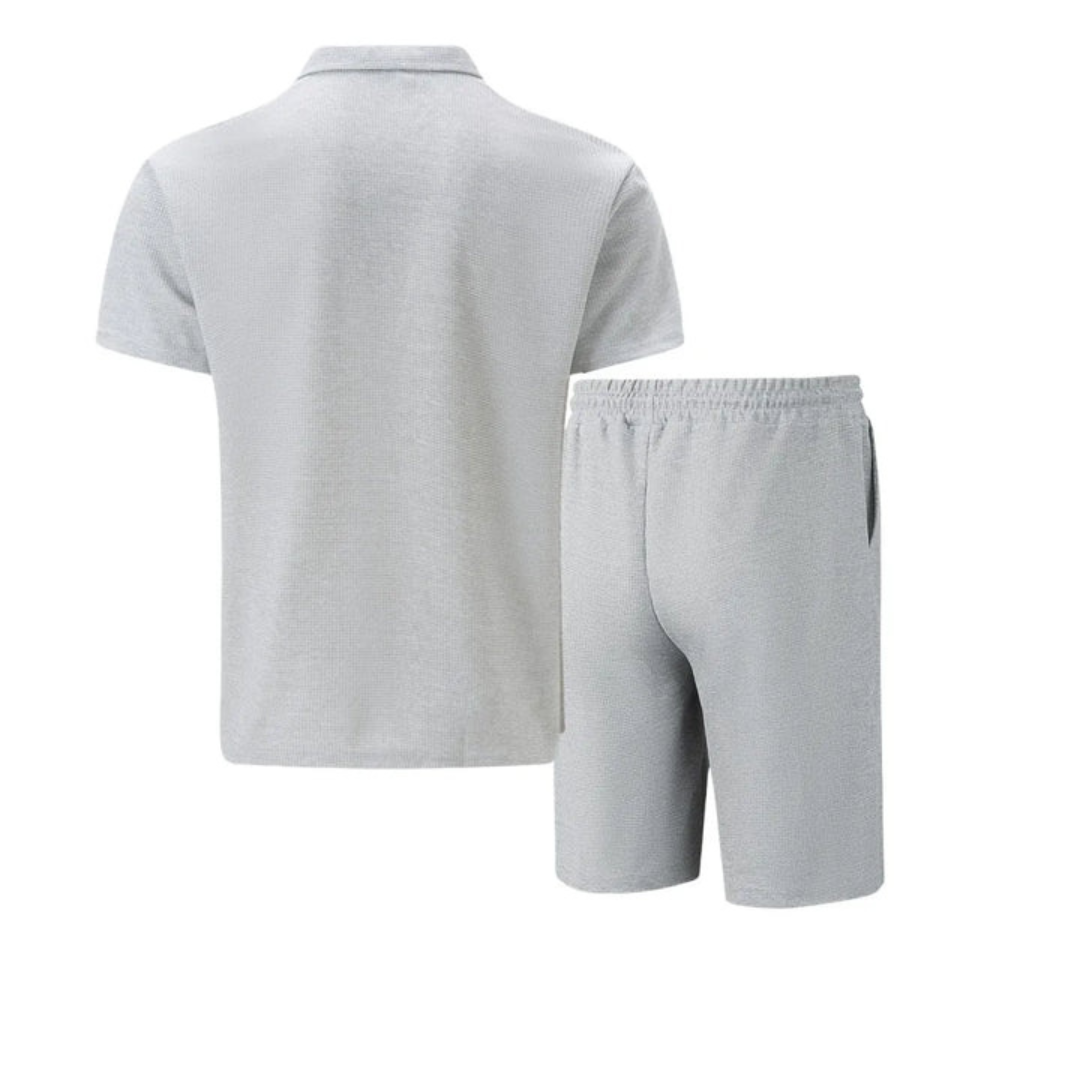 Mens Short Waffle Knit Polo Set Zip Placket Matching Shorts – Drenco