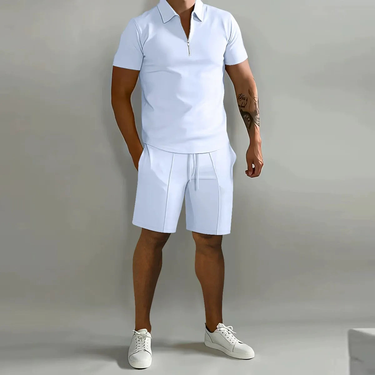 Mens Short Waffle Knit Polo Set Zip Placket Matching Shorts – Drenco