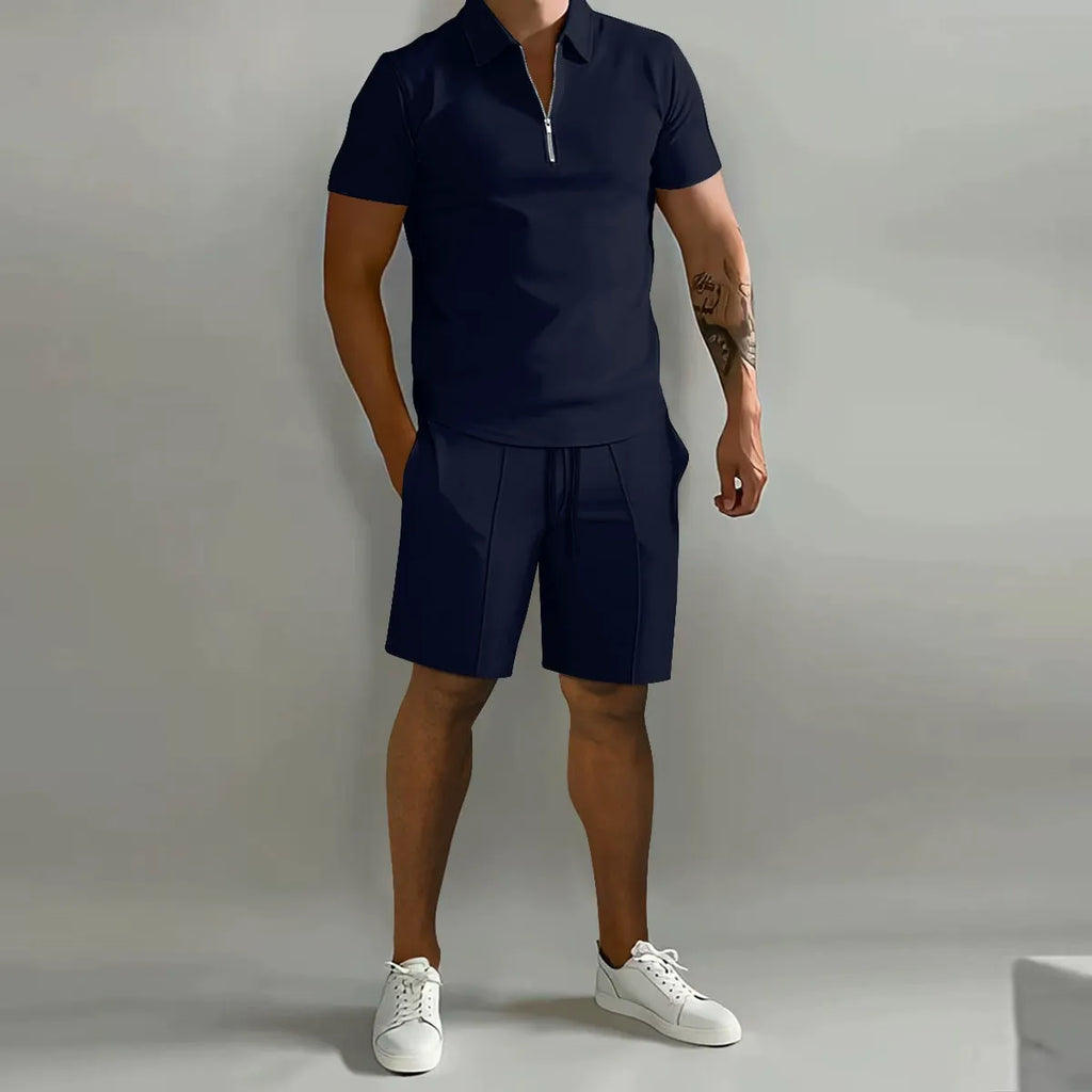 Mens Short Waffle Knit Polo Set Zip Placket Matching Shorts – Drenco