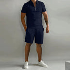 Mens Short Waffle Knit Polo Set Zip Placket Matching Shorts – Drenco