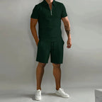 Mens Short Waffle Knit Polo Set Zip Placket Matching Shorts – Drenco