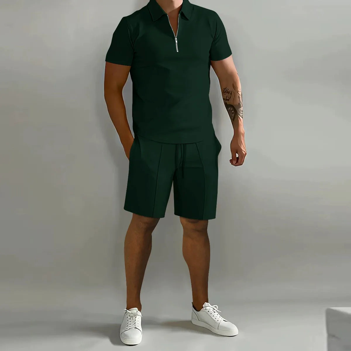 Mens Short Waffle Knit Polo Set Zip Placket Matching Shorts – Drenco