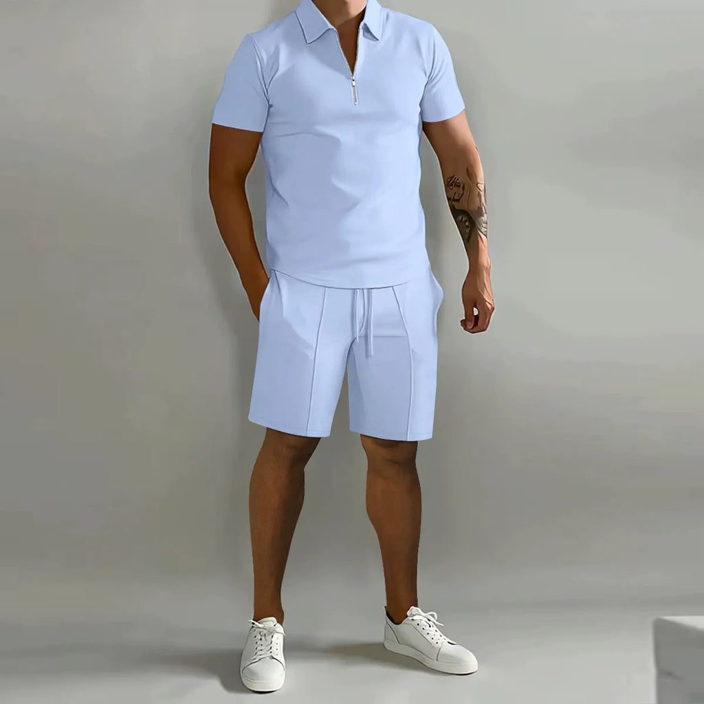 Mens Short Waffle Knit Polo Set Zip Placket Matching Shorts – Drenco