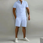 Mens Short Waffle Knit Polo Set Zip Placket Matching Shorts – Drenco