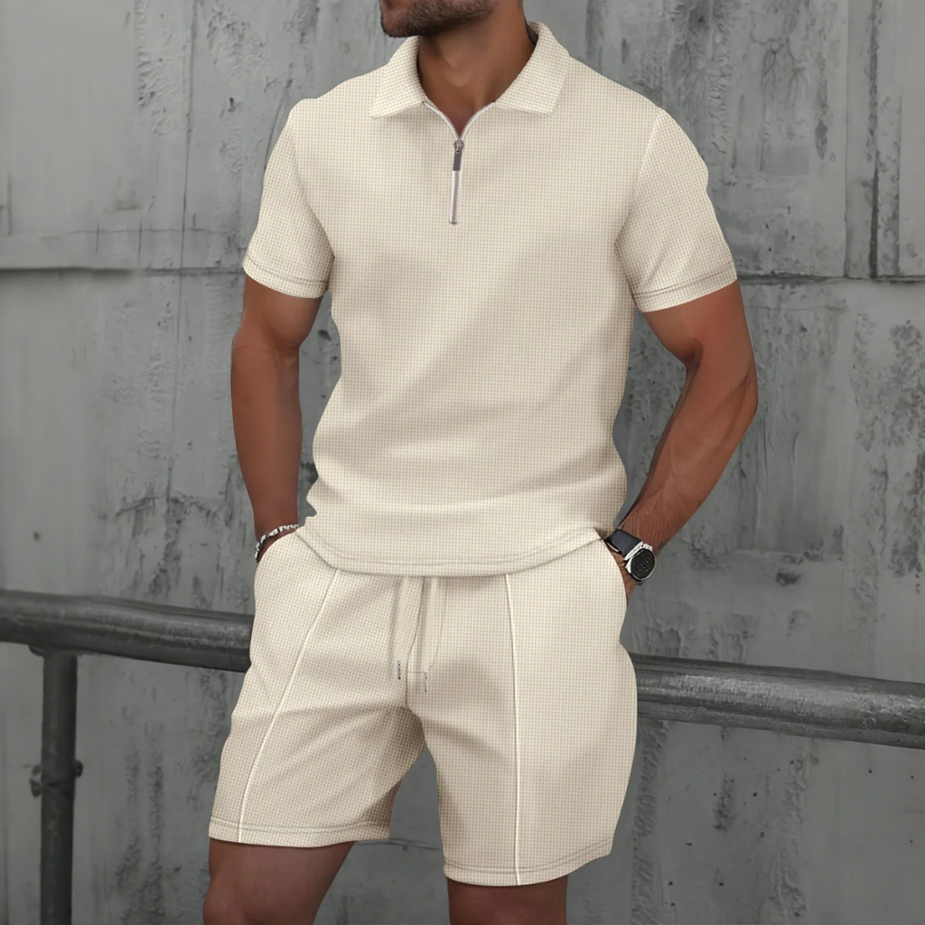 Model wearing waffle knit polo set in beige – TARLANO