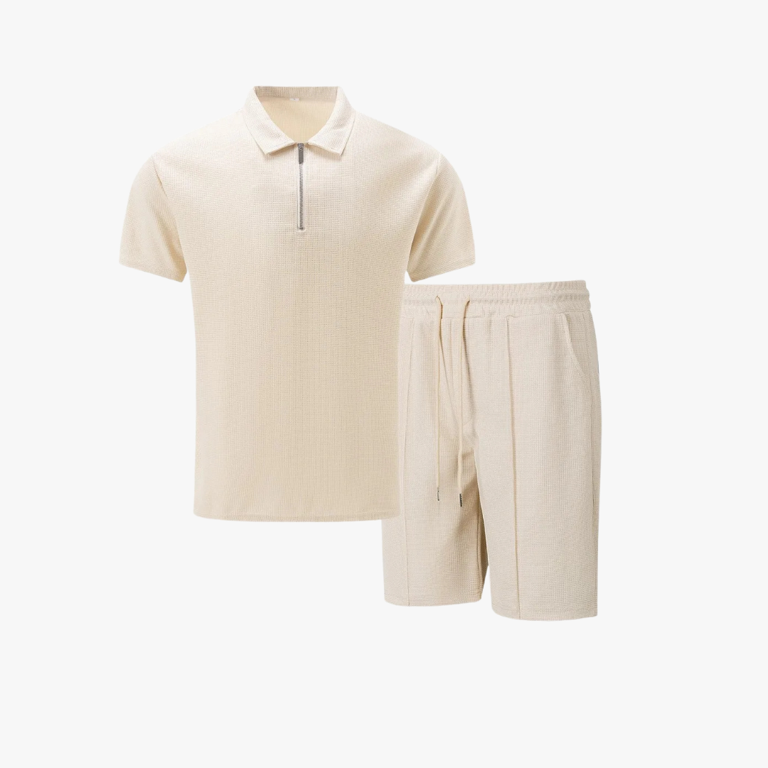 Mens Short Waffle Knit Polo Set Zip Placket Matching Shorts – Drenco