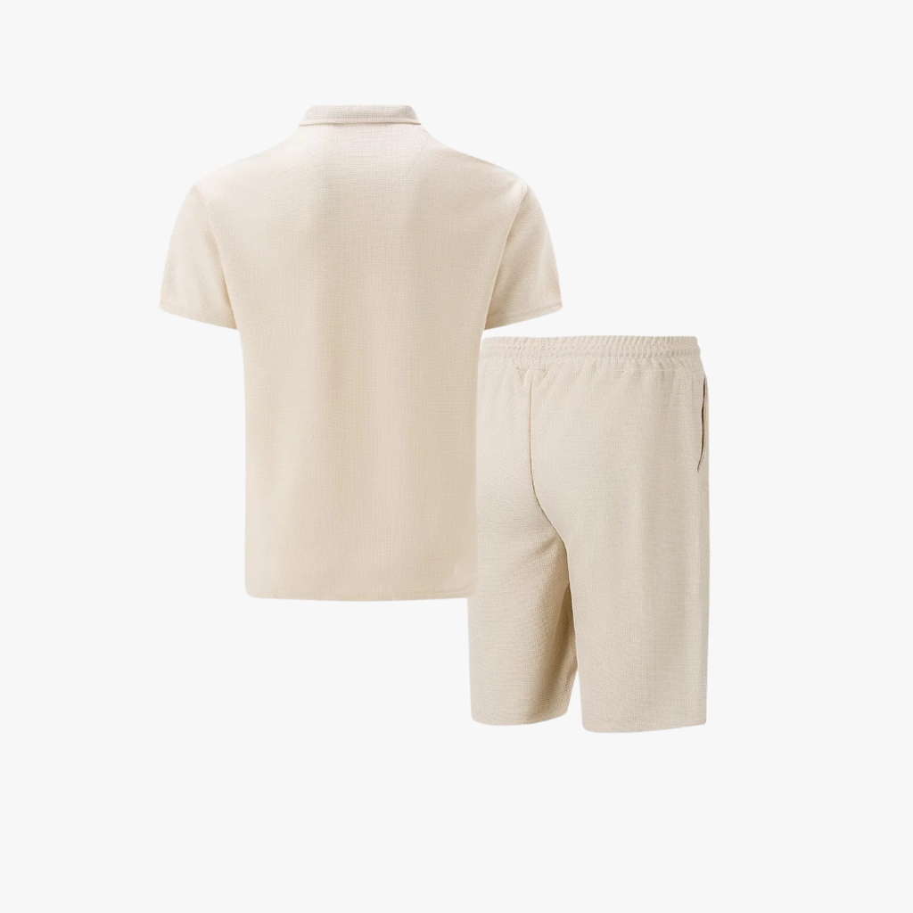 Mens Short Waffle Knit Polo Set Zip Placket Matching Shorts – Drenco