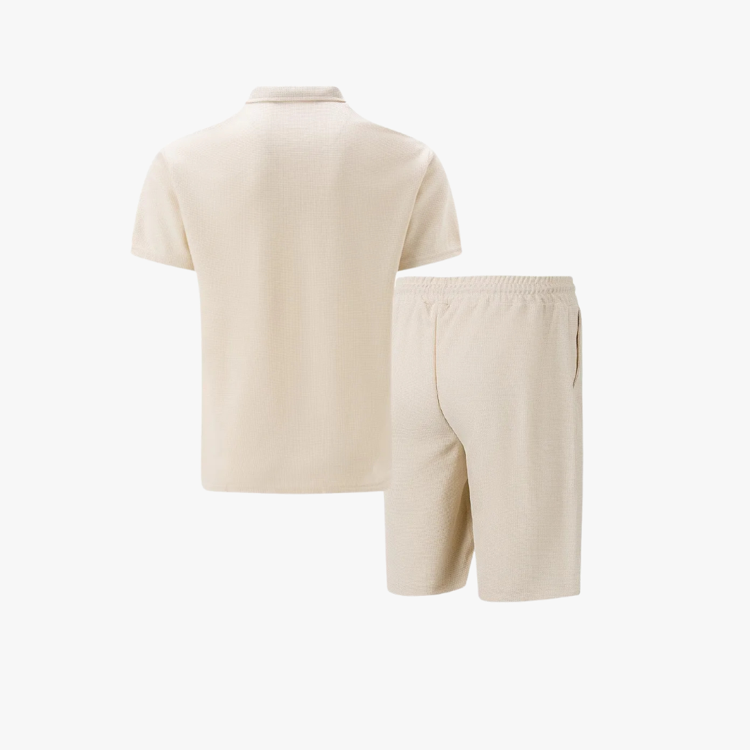 Mens Short Waffle Knit Polo Set Zip Placket Matching Shorts – Drenco