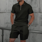 Mens Short Waffle Knit Polo Set Zip Placket Matching Shorts – Drenco