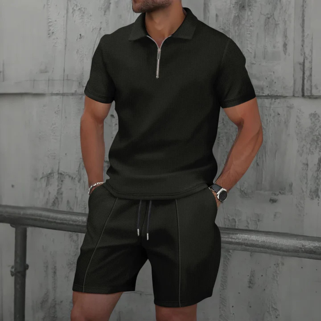 Mens Short Waffle Knit Polo Set Zip Placket Matching Shorts – Drenco