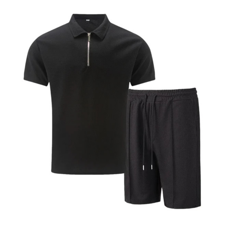 Mens Short Waffle Knit Polo Set Zip Placket Matching Shorts – Drenco