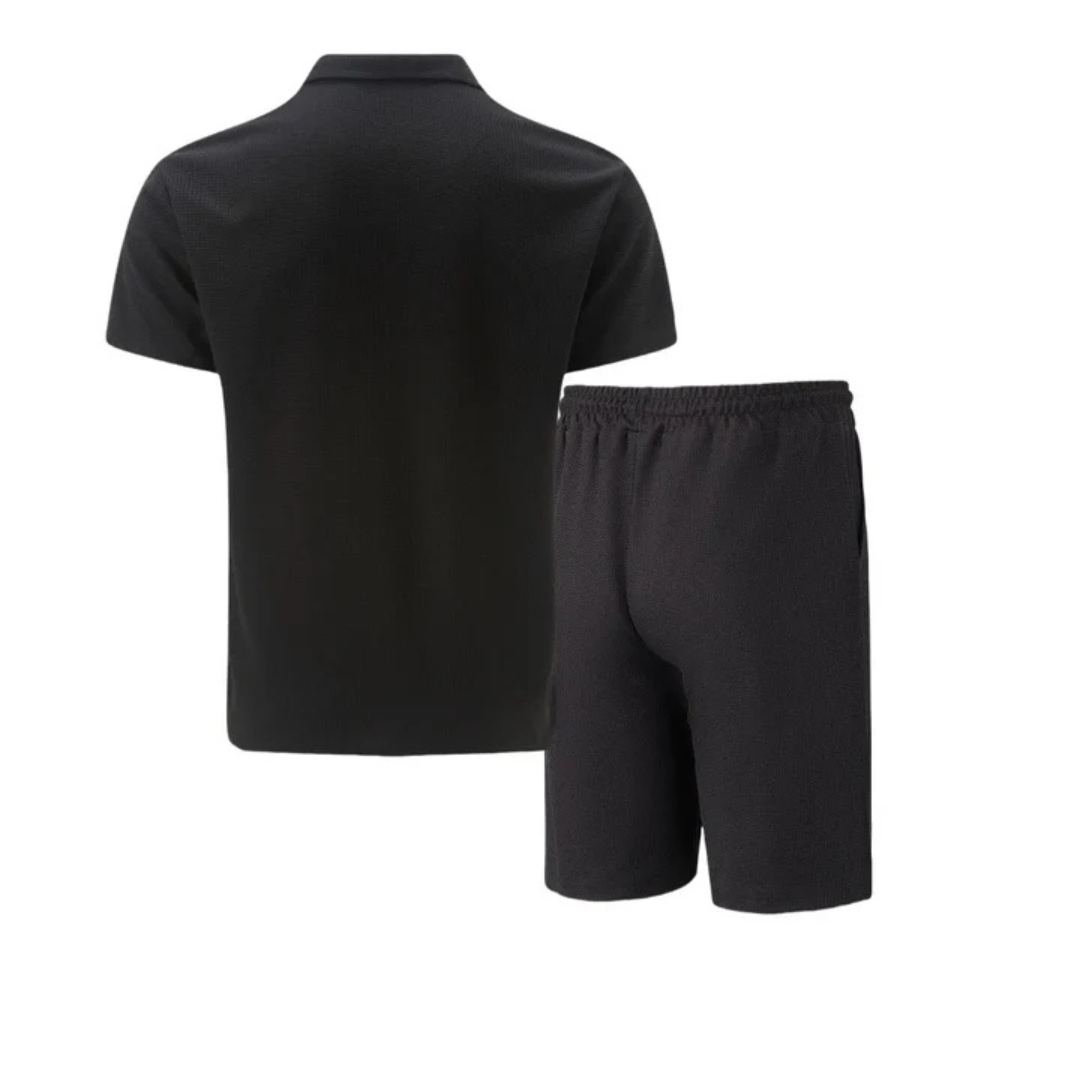 Mens Short Waffle Knit Polo Set Zip Placket Matching Shorts – Drenco