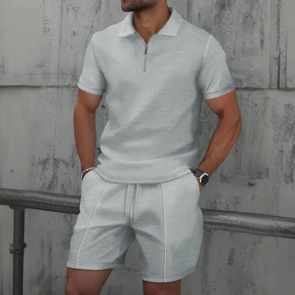 Mens Short Waffle Knit Polo Set Zip Placket Matching Shorts – Drenco