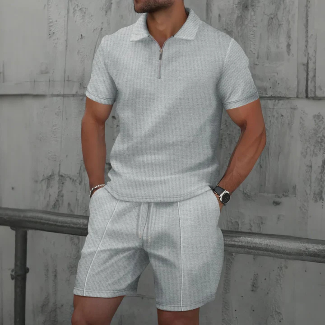 Mens Short Waffle Knit Polo Set Zip Placket Matching Shorts – Drenco