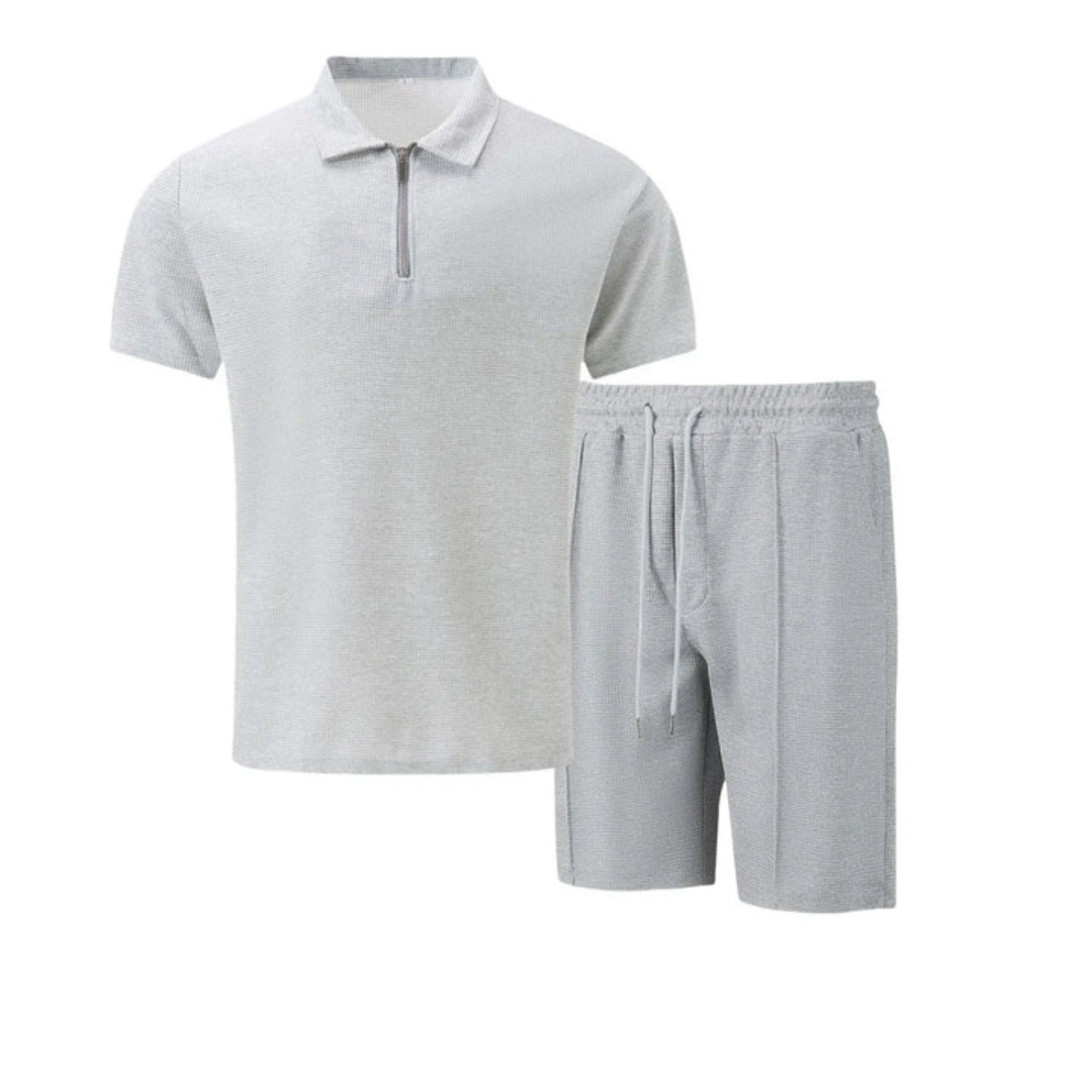 Mens Short Waffle Knit Polo Set Zip Placket Matching Shorts – Drenco