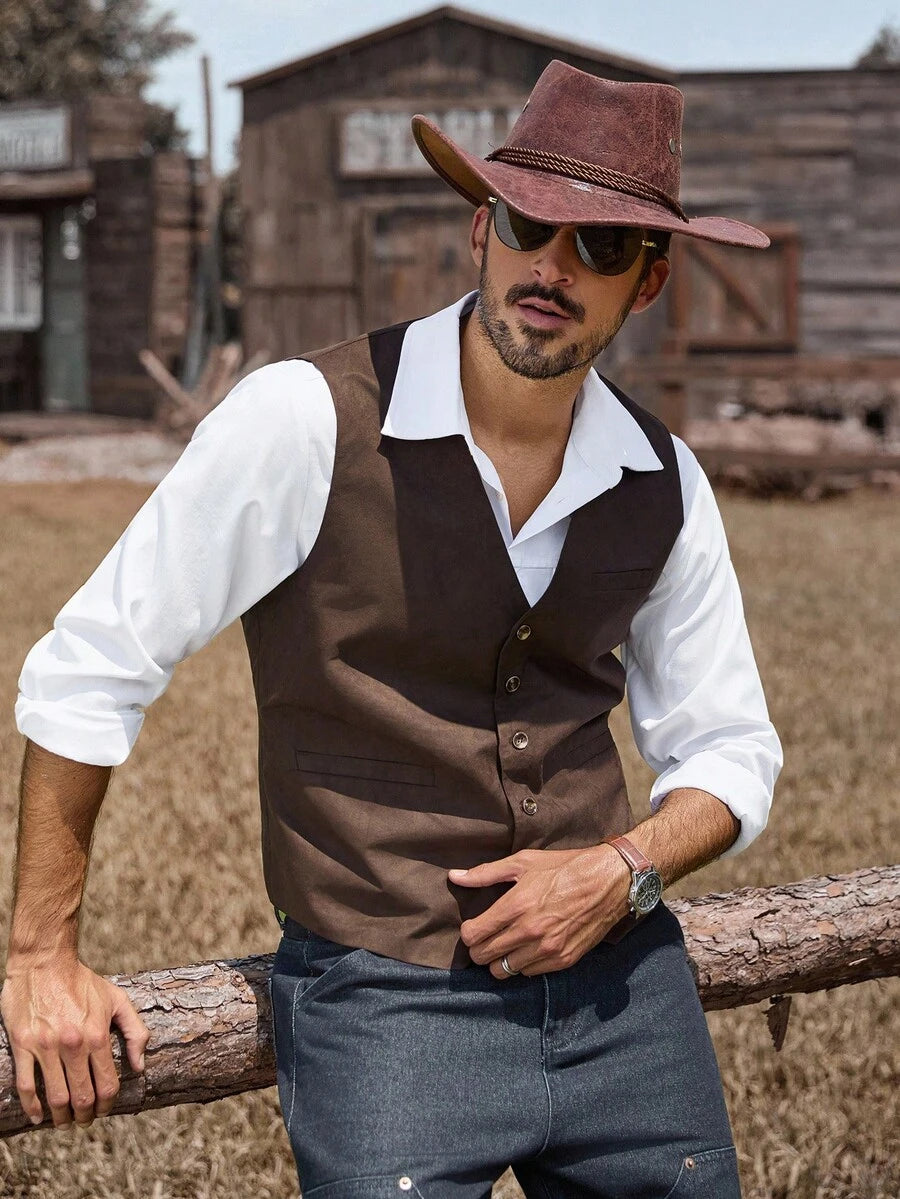 Men's Suedette Western Waistcoat Sleeveless V-Neck Vest – Ranvo