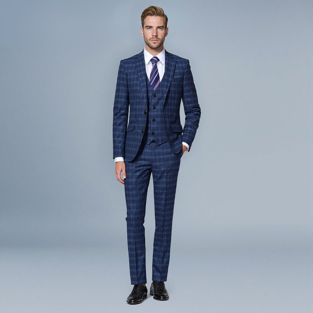 Navy plaid 3-piece slim fit suit with peaked lapel – TARLANO