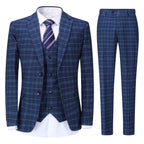 Model wearing navy plaid peaked lapel suit with vest – TARLANO