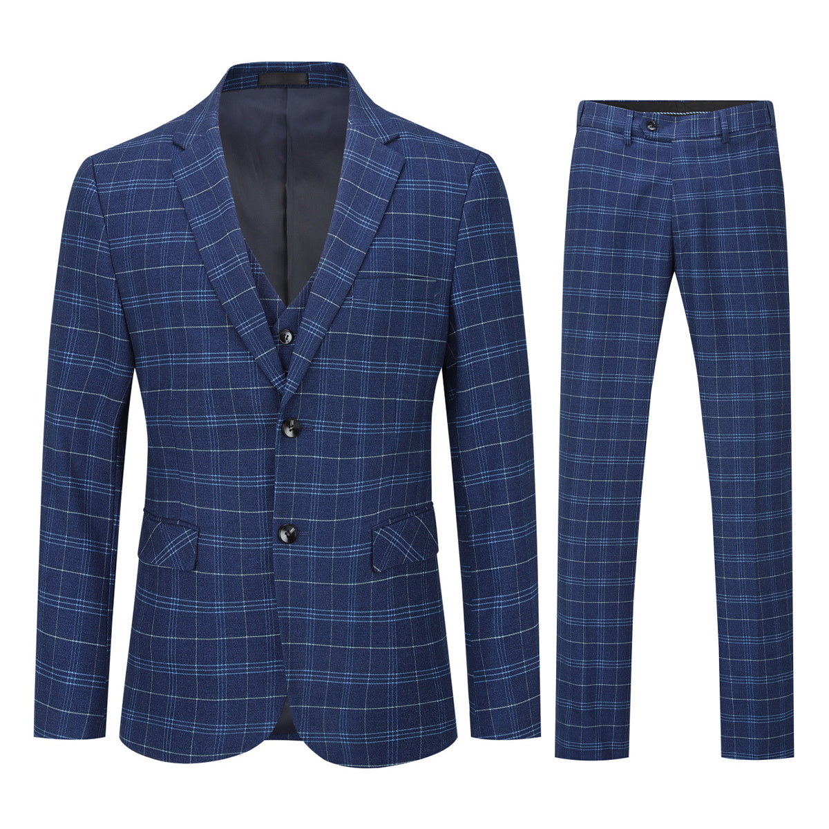 Mens Suit 3-Piece Slim Fit Plaid Peaked Lapel Navy – Beldox
