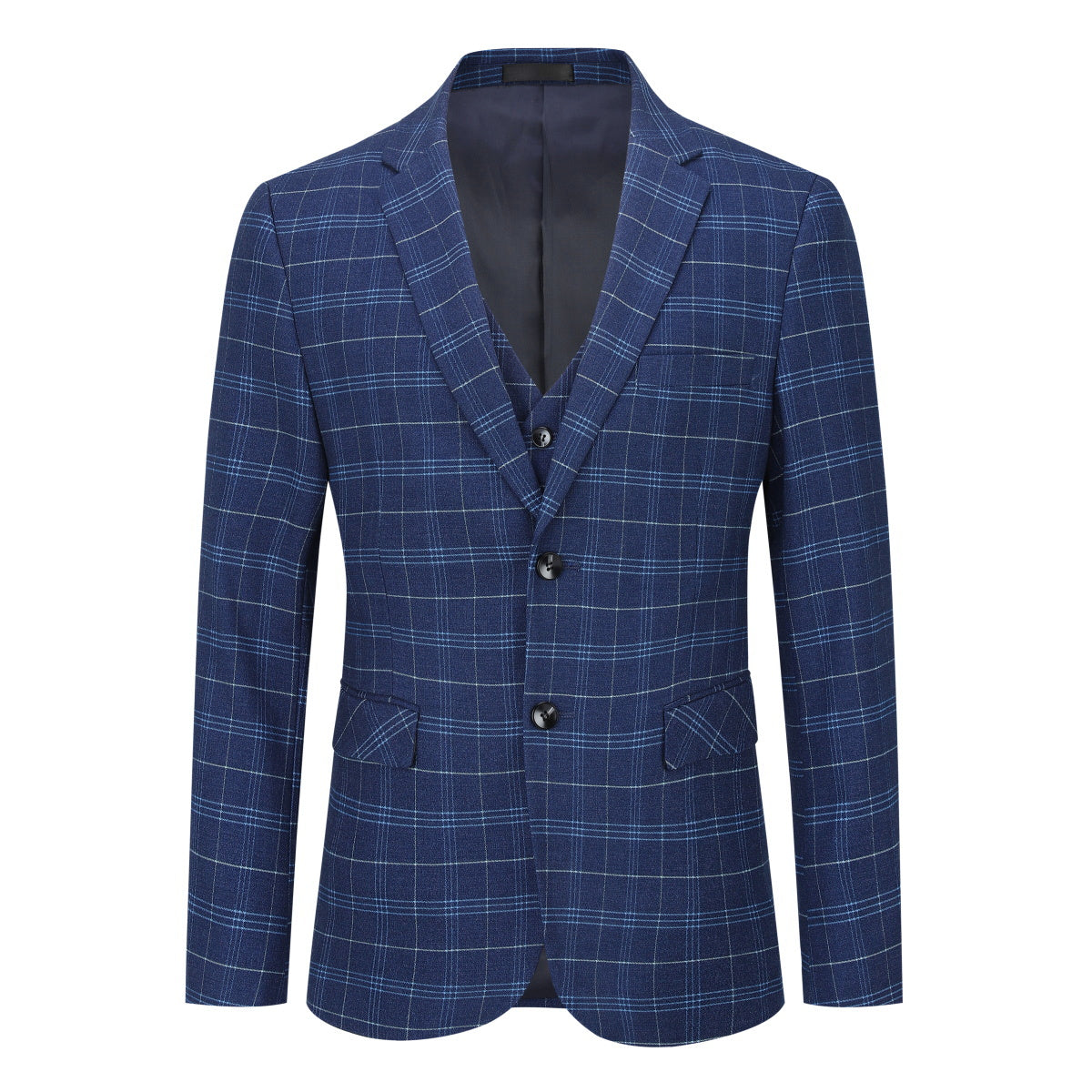 Mens Suit 3-Piece Slim Fit Plaid Peaked Lapel Navy – Beldox