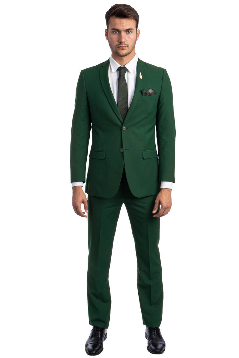 Model wearing slim fit hunter green two-piece suit – TARLANO
