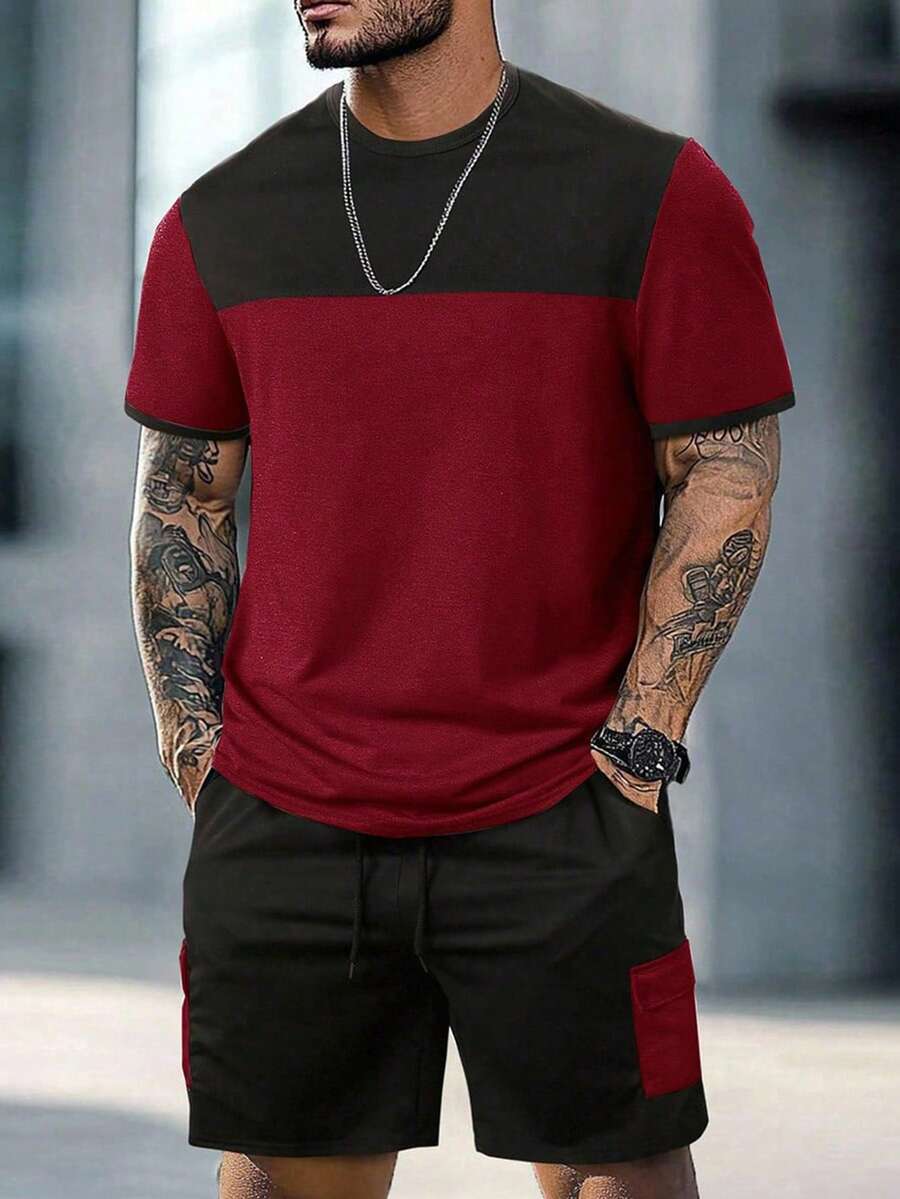 Mens T-Shirt and Shorts Set Color Block Crewneck Short Sleeve – Valco