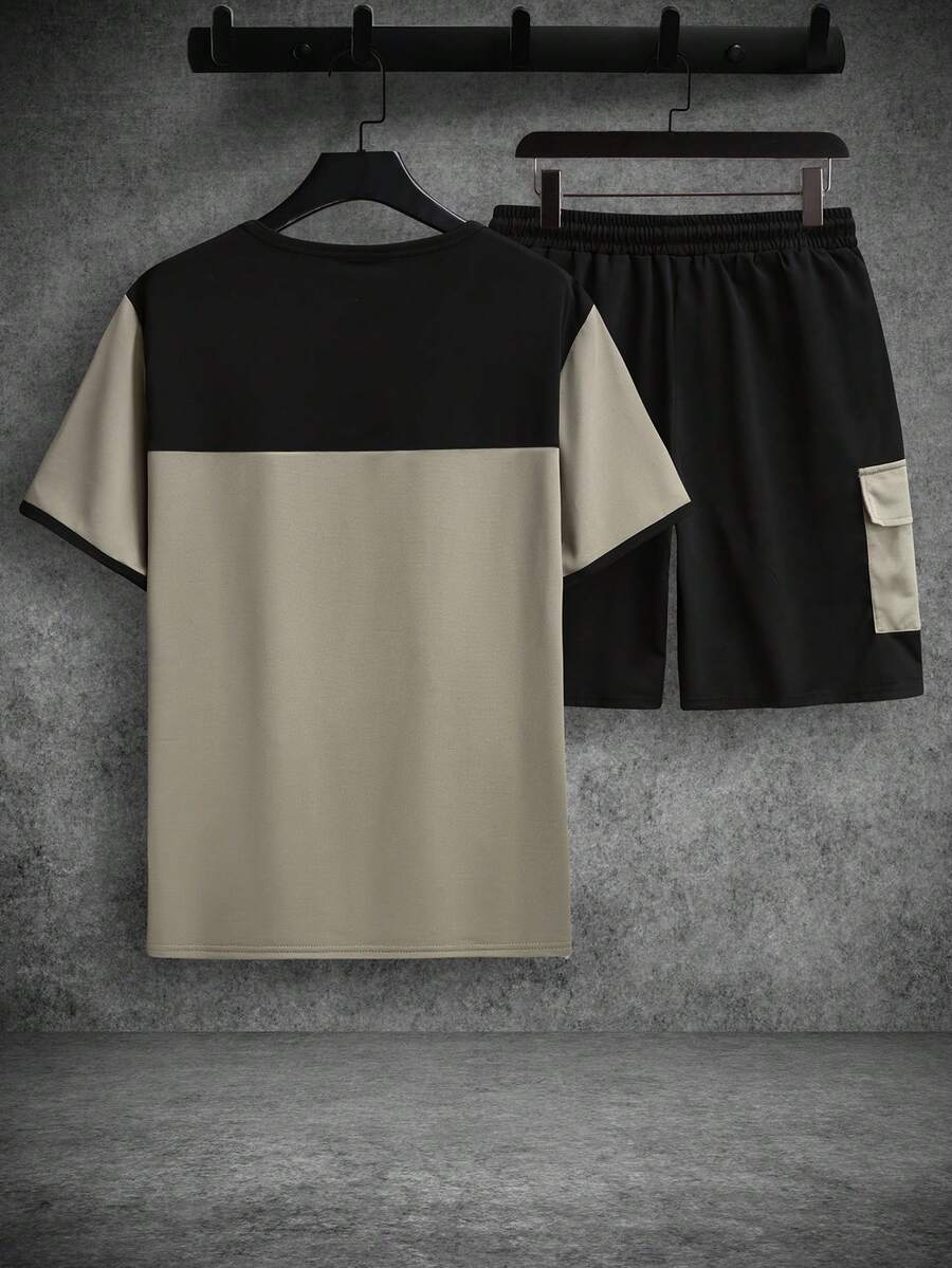 Model wearing color block t-shirt and shorts set in army green – TARLANO
