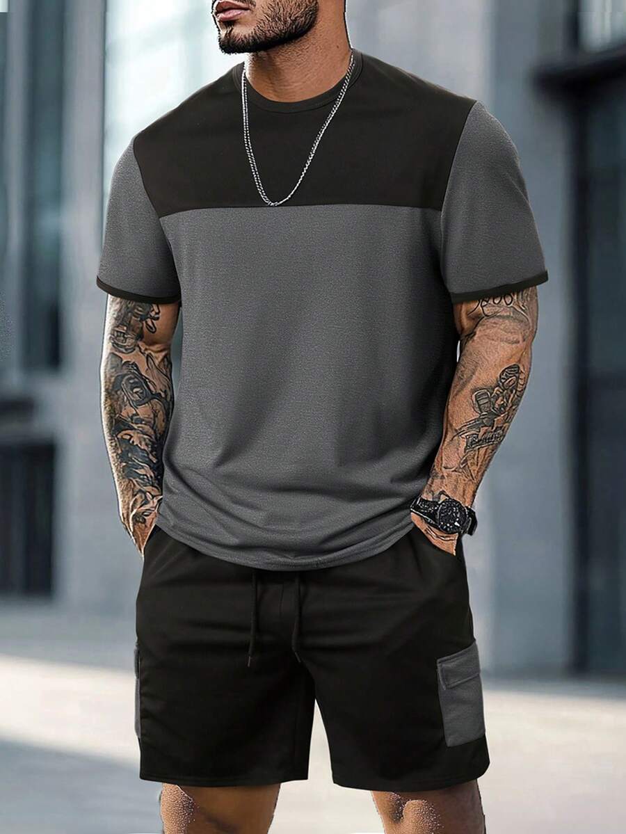Mens T-Shirt and Shorts Set Color Block Crewneck Short Sleeve – Valco