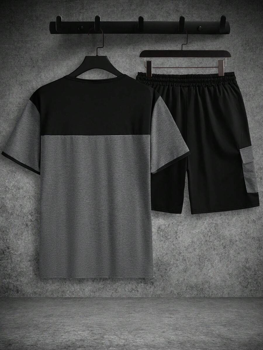 Mens T-Shirt and Shorts Set Color Block Crewneck Short Sleeve – Valco