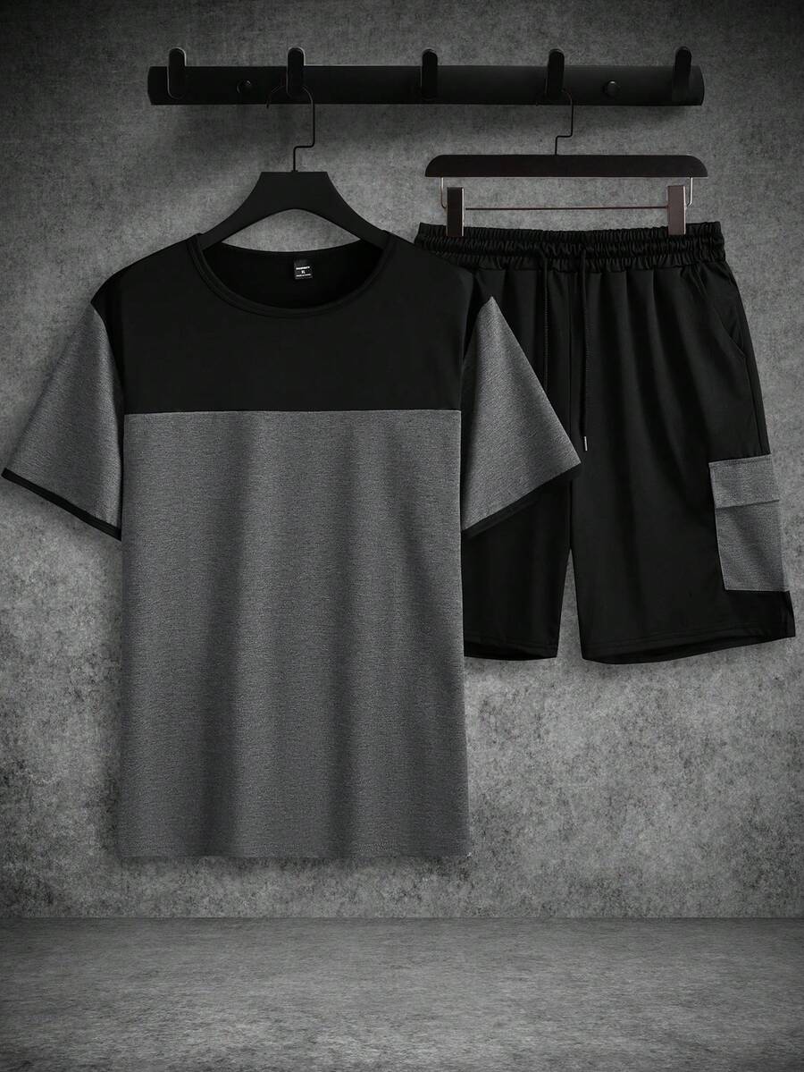 Mens T-Shirt and Shorts Set Color Block Crewneck Short Sleeve – Valco